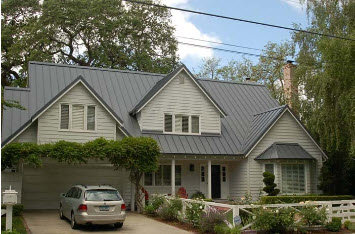 Gray metal roofing installed